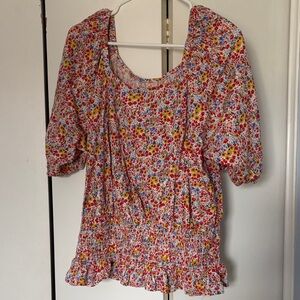 LOFT Floral Smocked Peasant Top - White with Red & Yellow Floral